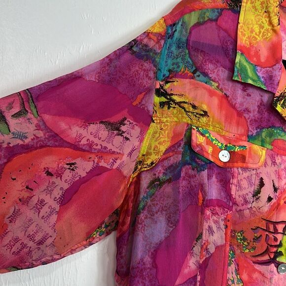 Chico's Silk Vibrant Abstract Print Button Down Shirt Size XL - Picture 2 of 9